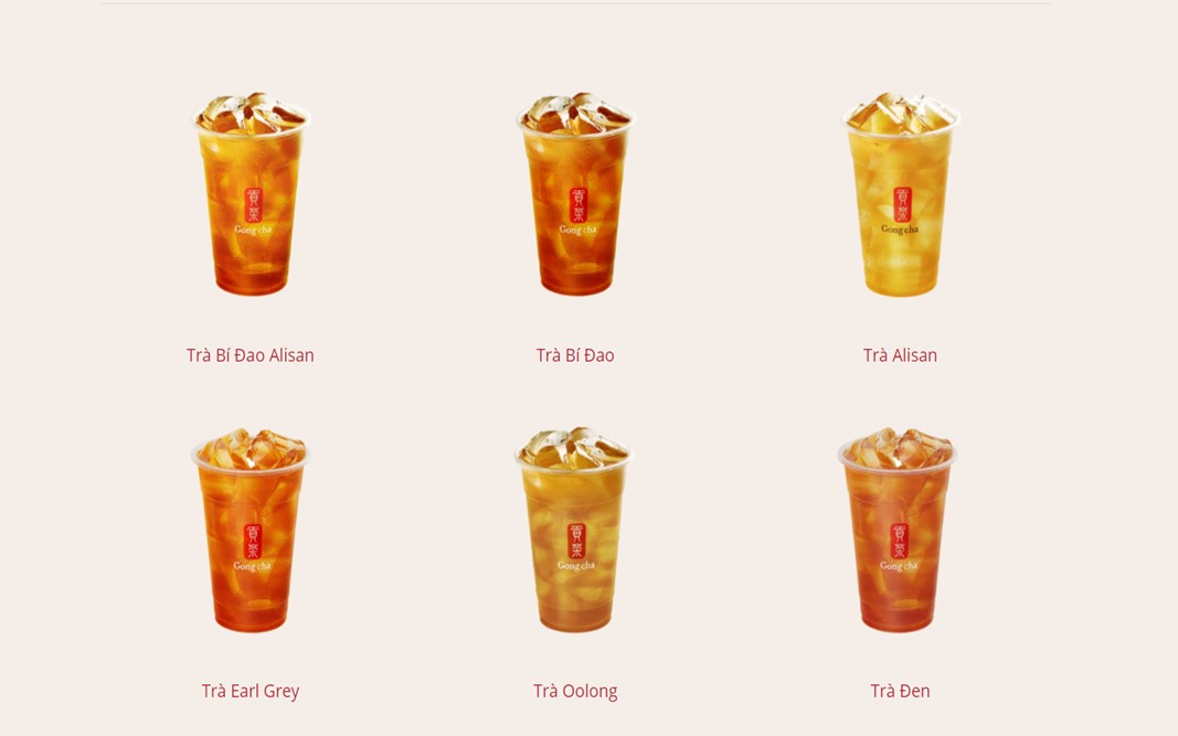 Các loại trà nguyên chất tươi mát chưa có milkfoam ở Gong Cha